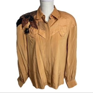 Vintage Orlando Rossi Women’s Size 14 Silk Shirt Button Up 80’s Embroidered.